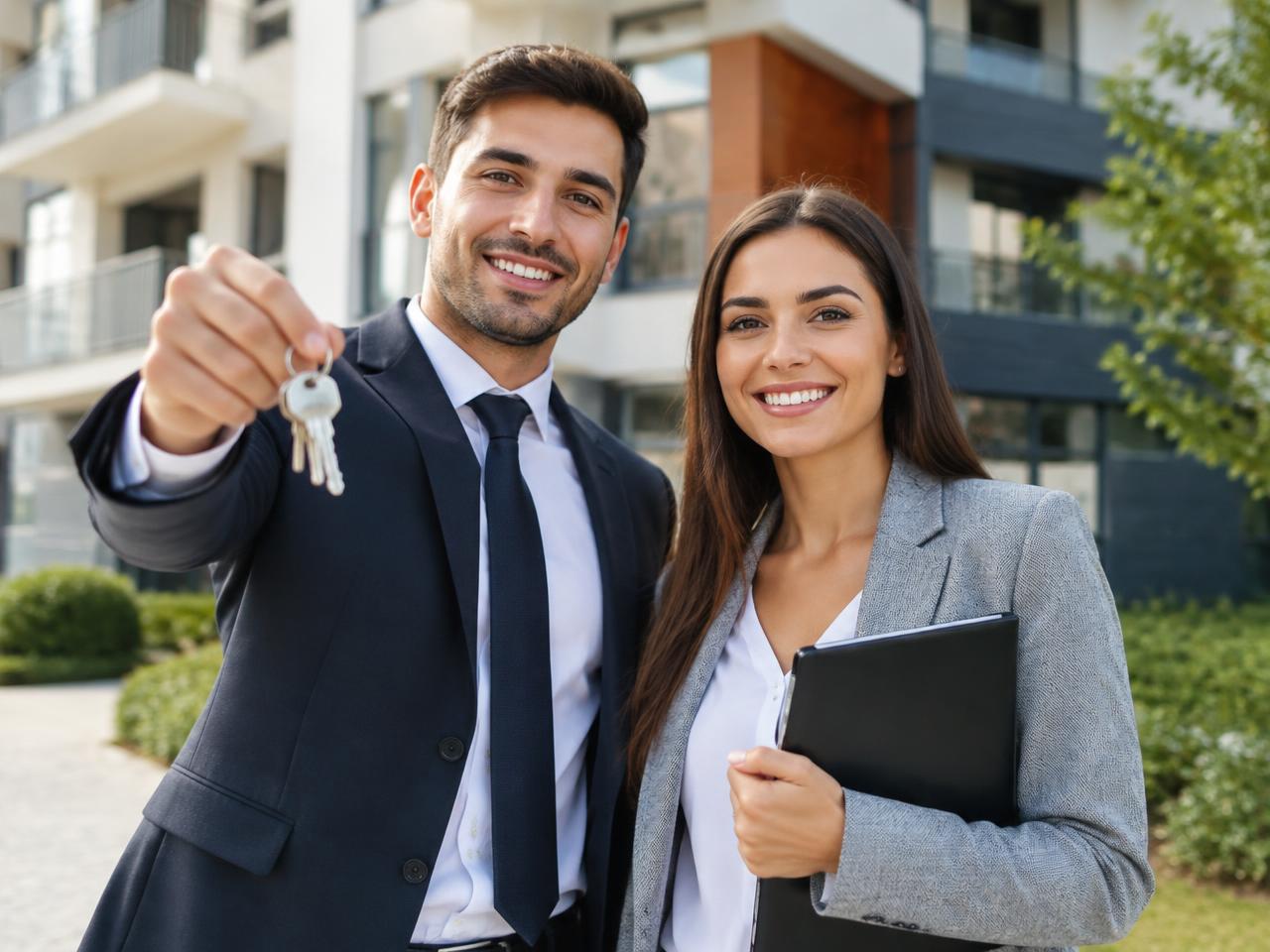 Two smiling real estate professionals holding up a set of keys
